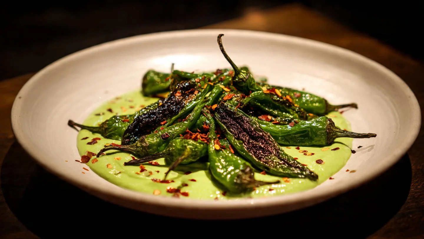 Plate of shishito peppers with creamy avocado sauce drizzled on top