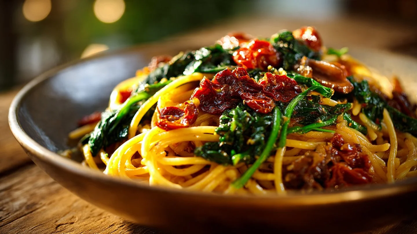 Plate of spaghetti with spinach in sun-dried tomato sauce