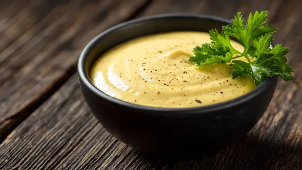 Bowl of spicy mustard aioli sauce with a spoon, ready for dipping.