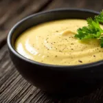 Bowl of spicy mustard aioli sauce with a spoon, ready for dipping.