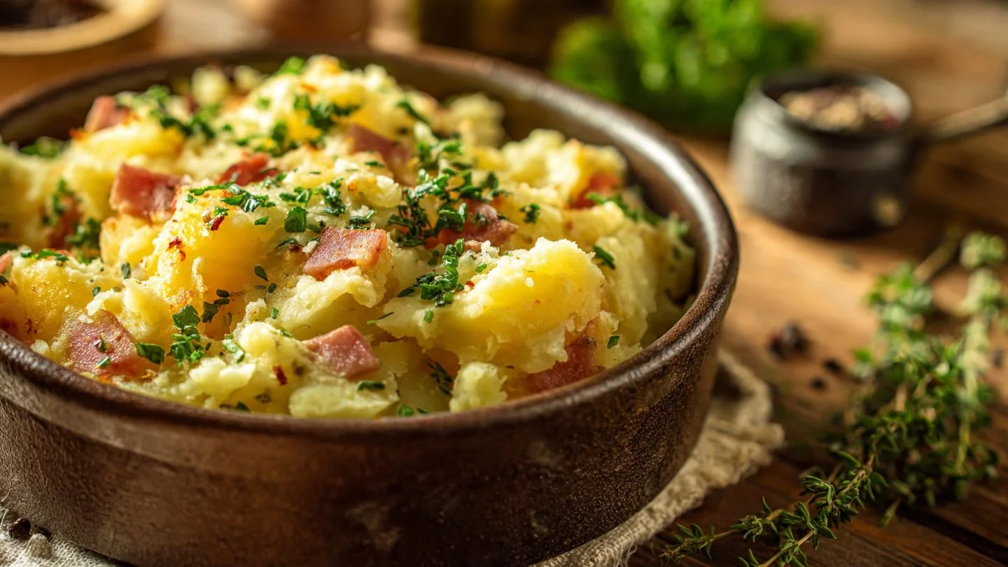 Bowl of creamy St. Patrick's Day Colcannon Potatoes with greens