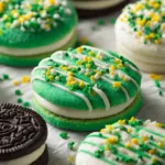 St. Patrick’s Day themed White Chocolate Dipped Oreos decorated in green.