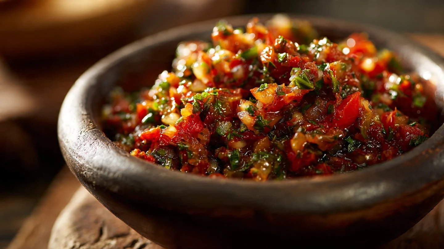 Delicious sun dried tomato and olive oil bread dip served in a bowl