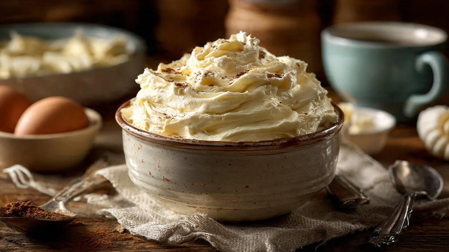 Delicious whipped banana pudding frosting on a cake.