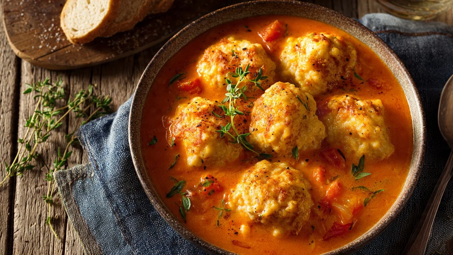 Bowl of wholesome tomato soup topped with cheddar bay dumplings.