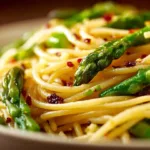 Delicious plate of asparagus pasta garnished with herbs and parmesan