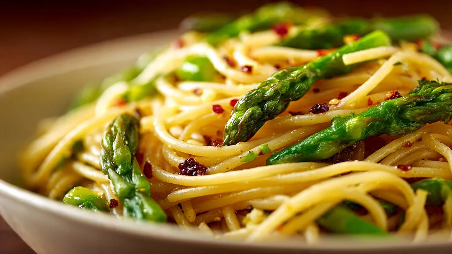 Delicious plate of asparagus pasta garnished with herbs and parmesan