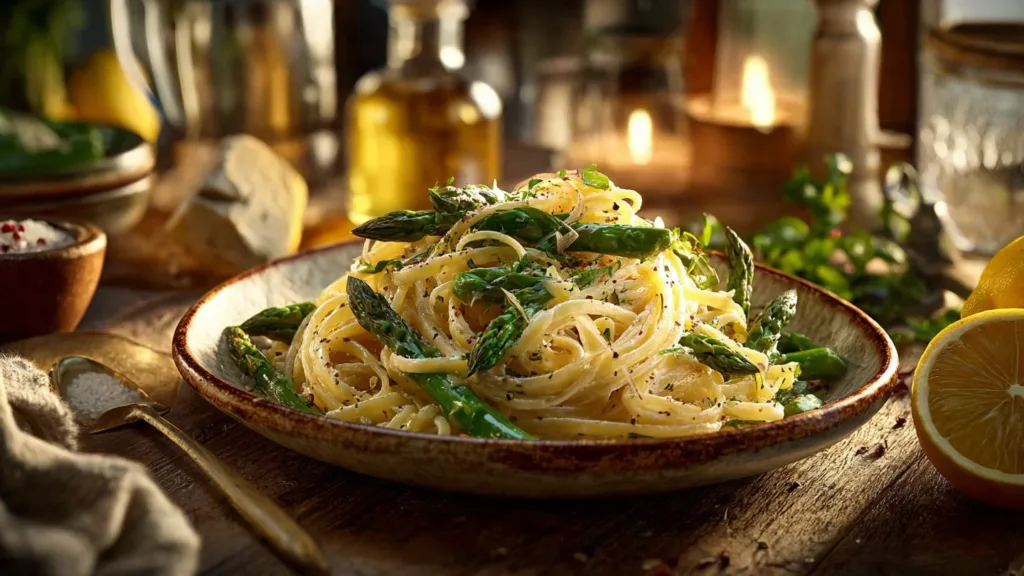 A delicious bowl of creamy lemon asparagus pasta garnished with fresh herbs.