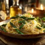 A delicious bowl of creamy lemon asparagus pasta garnished with fresh herbs.