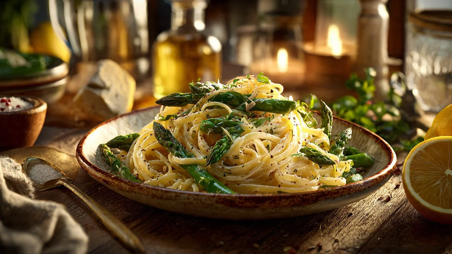 A delicious bowl of creamy lemon asparagus pasta garnished with fresh herbs.