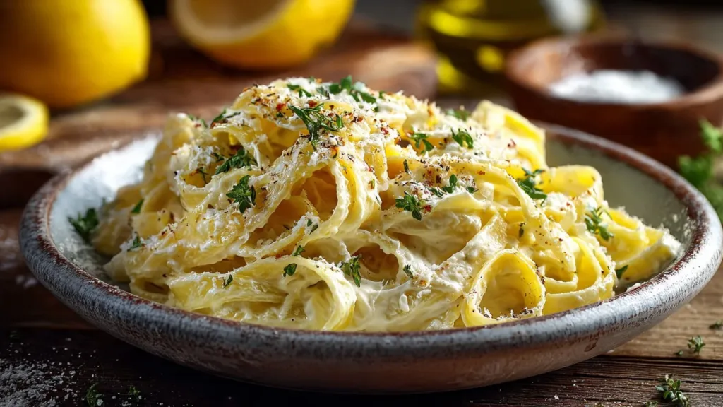 Plate of creamy lemon ricotta pasta garnished with fresh herbs and lemon zest
