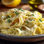 Plate of creamy lemon ricotta pasta garnished with fresh herbs and lemon zest