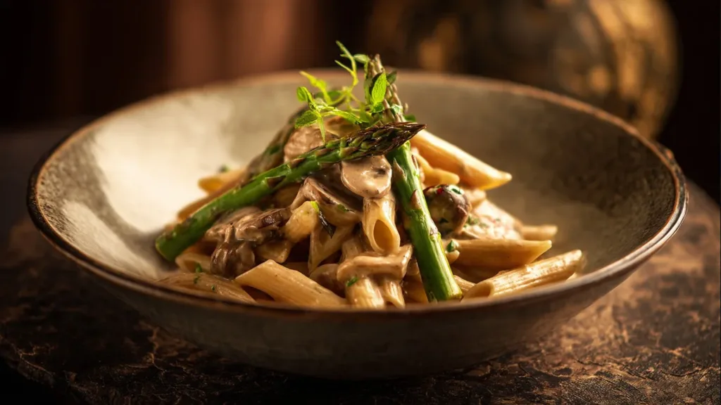 Creamy mushroom and asparagus chicken penne dish with a rich sauce