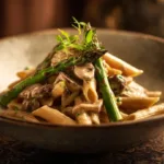 Creamy mushroom and asparagus chicken penne dish with a rich sauce