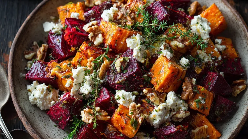 Creamy Roasted Beet Salad with Sweet Potato & Feta