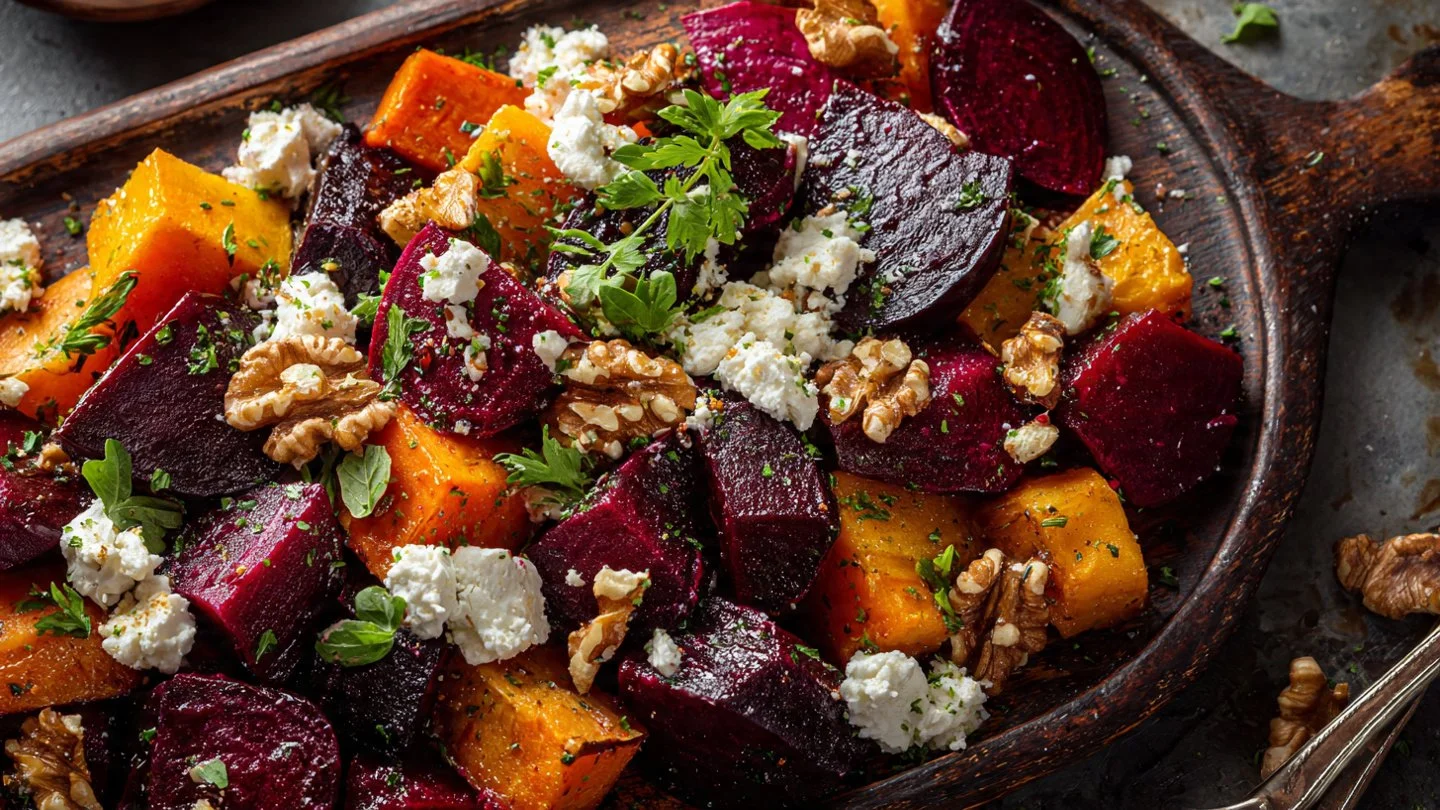 Creamy Roasted Beet Salad with Sweet Potato & Feta