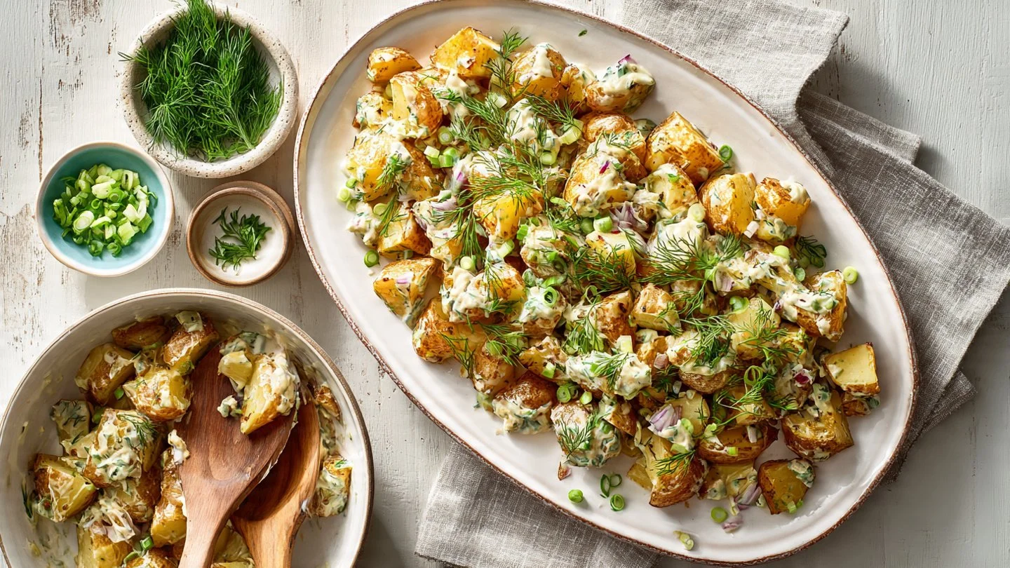 Crispy potato salad garnished with fresh herbs in a serving bowl