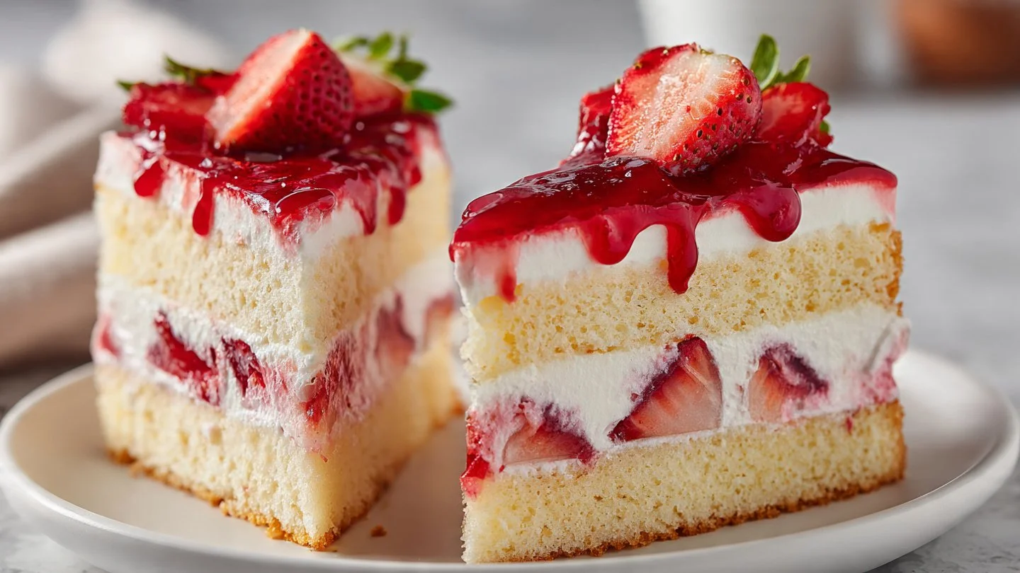 Heaven on Earth Cake with layers of cream, fruit, and cake