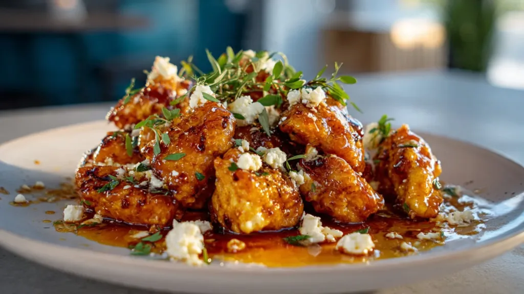 Hot honey infused feta chicken dish garnished with herbs