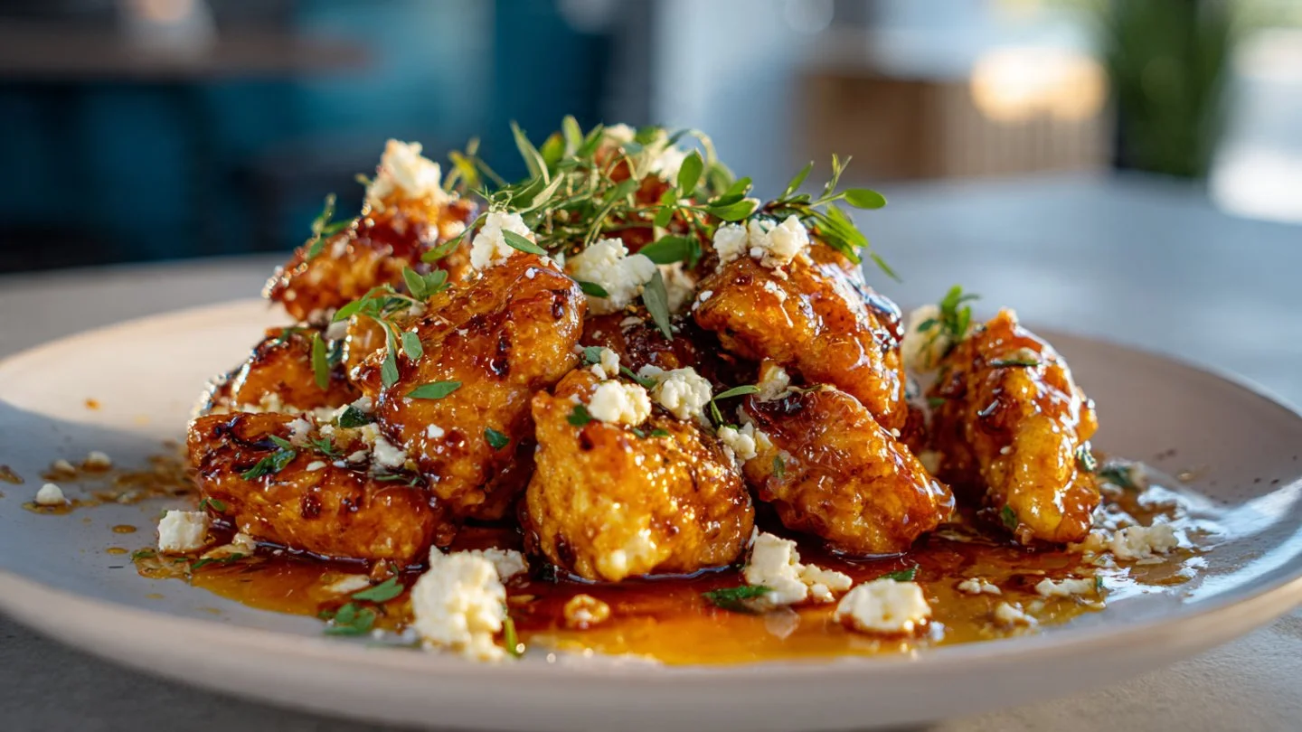 Hot honey infused feta chicken dish garnished with herbs