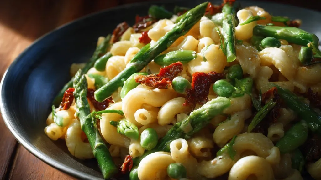 Lemon-Dijon Asparagus and Pea Macaroni Salad garnished in a bowl
