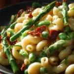 Lemon-Dijon Asparagus and Pea Macaroni Salad garnished in a bowl