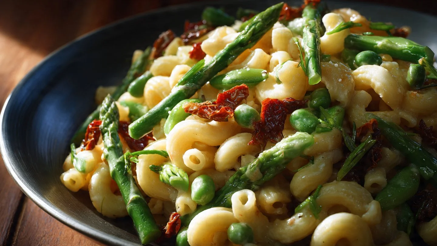 Lemon-Dijon Asparagus and Pea Macaroni Salad garnished in a bowl