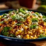 A colorful bowl of Mexican street corn pasta salad with fresh ingredients and toppings.