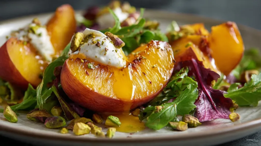 Irresistibly Delicious Roasted Peach & Pistachio Salad with Honey Ricotta