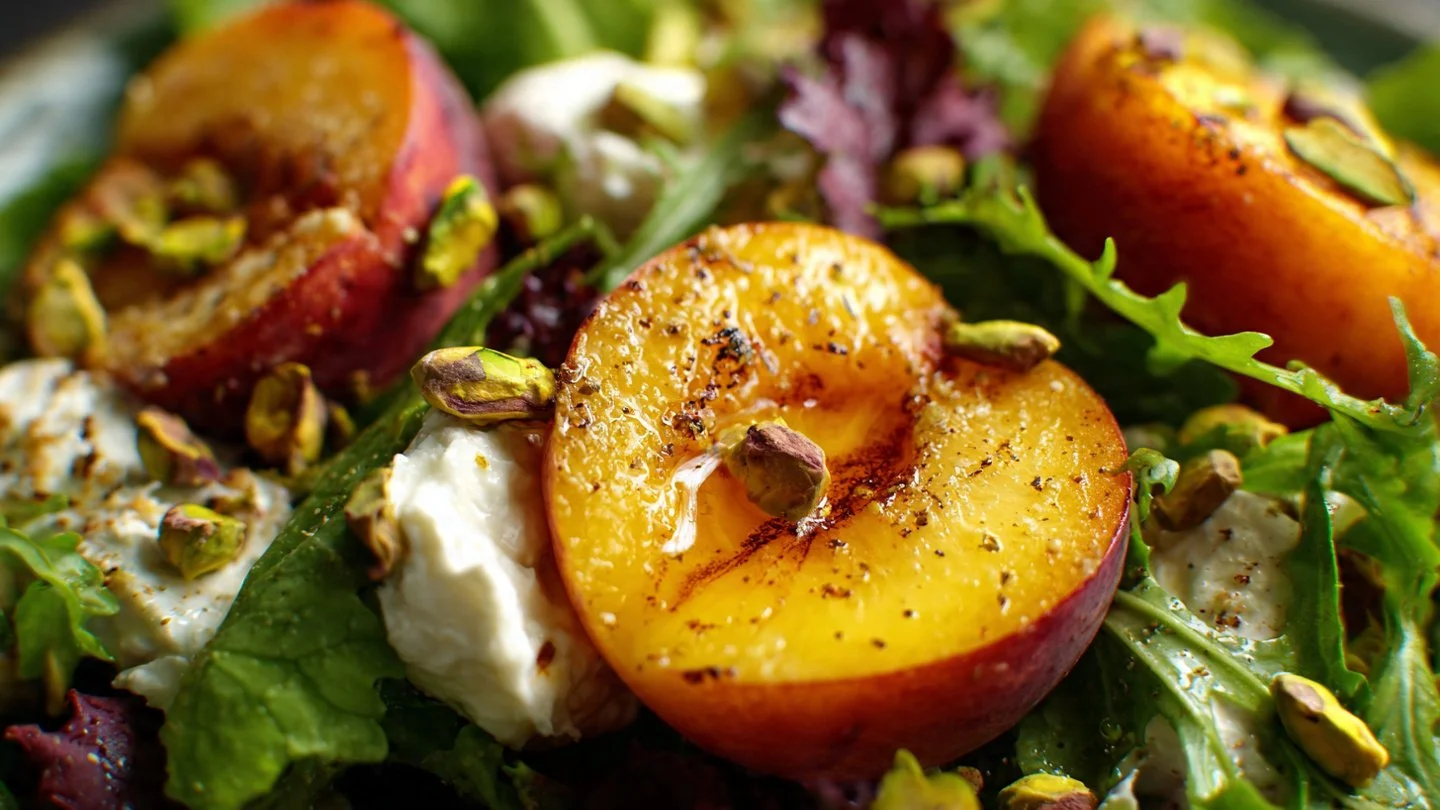 Roasted Peach & Pistachio Salad with Honey Ricotta