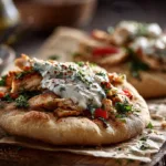 Sheet pan chicken pitas with herby ranch dressing served on a plate