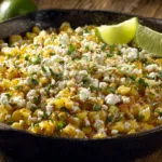 Skillet Mexican Street Corn dish with toppings served in a skillet