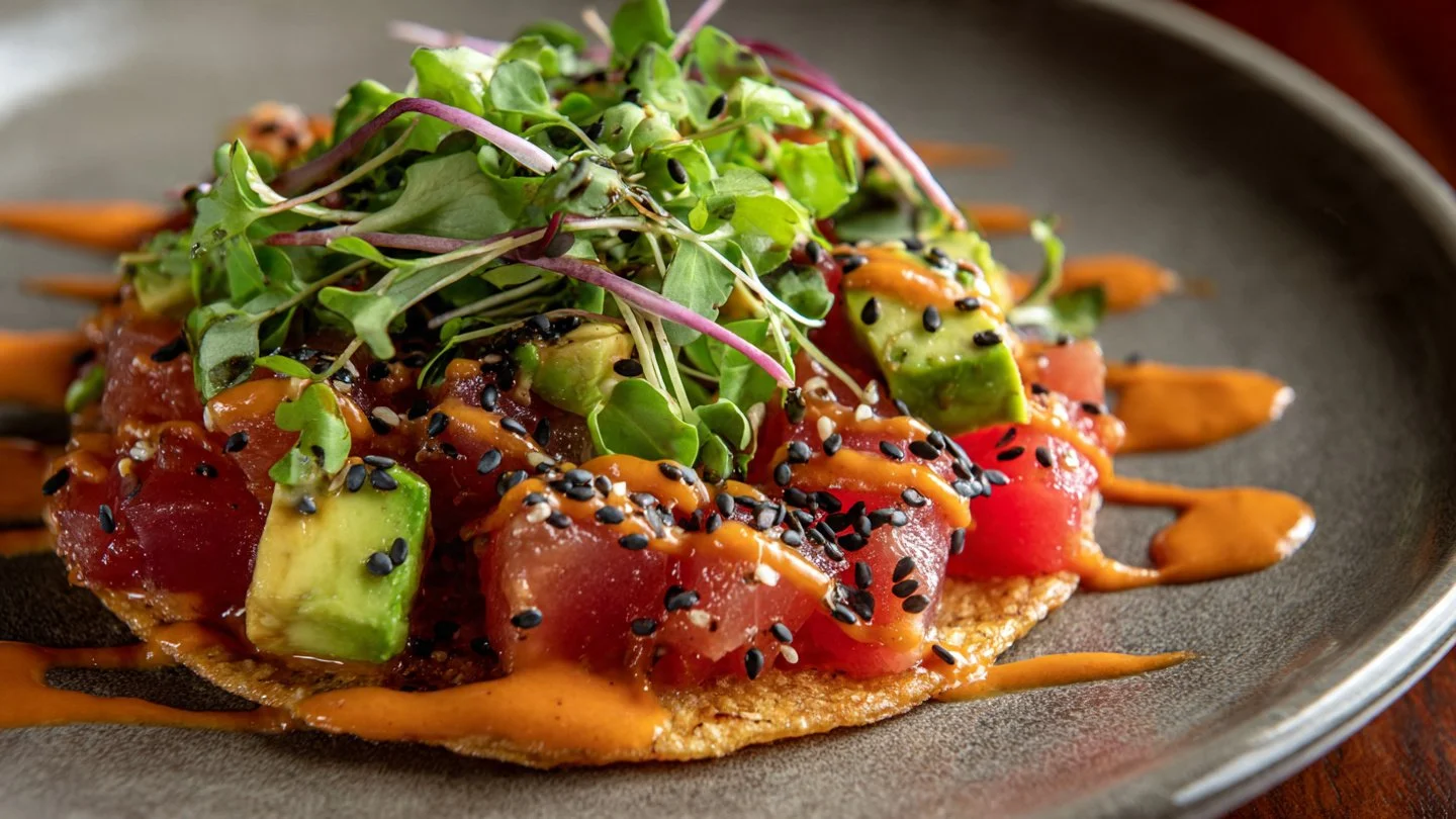 Spicy Tuna Tartare Tostada with Chipotle Mayo