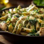 Delicious Spinach Artichoke Pasta served in a bowl with fresh spinach and artichokes
