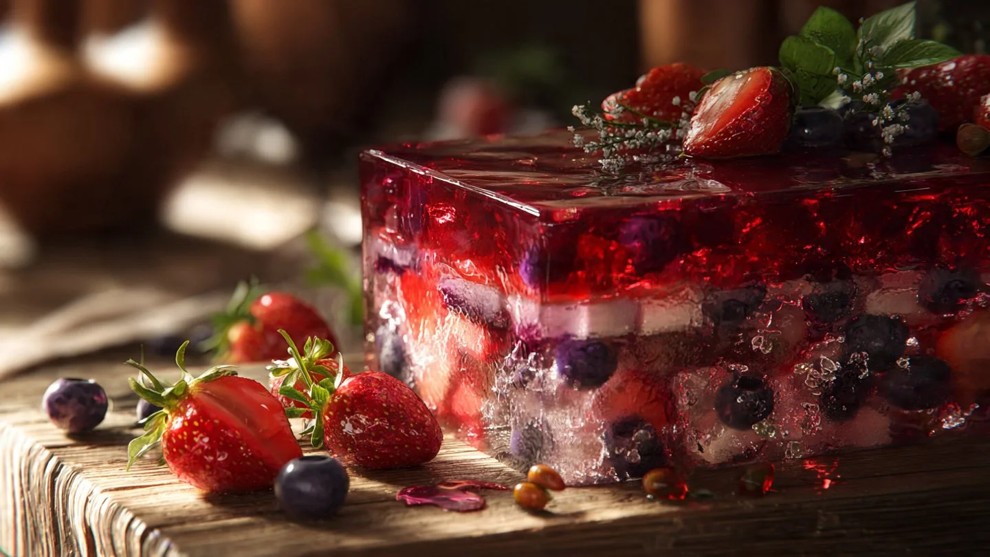 A colorful slice of Summer Berry Jello Lasagna topped with fresh berries.