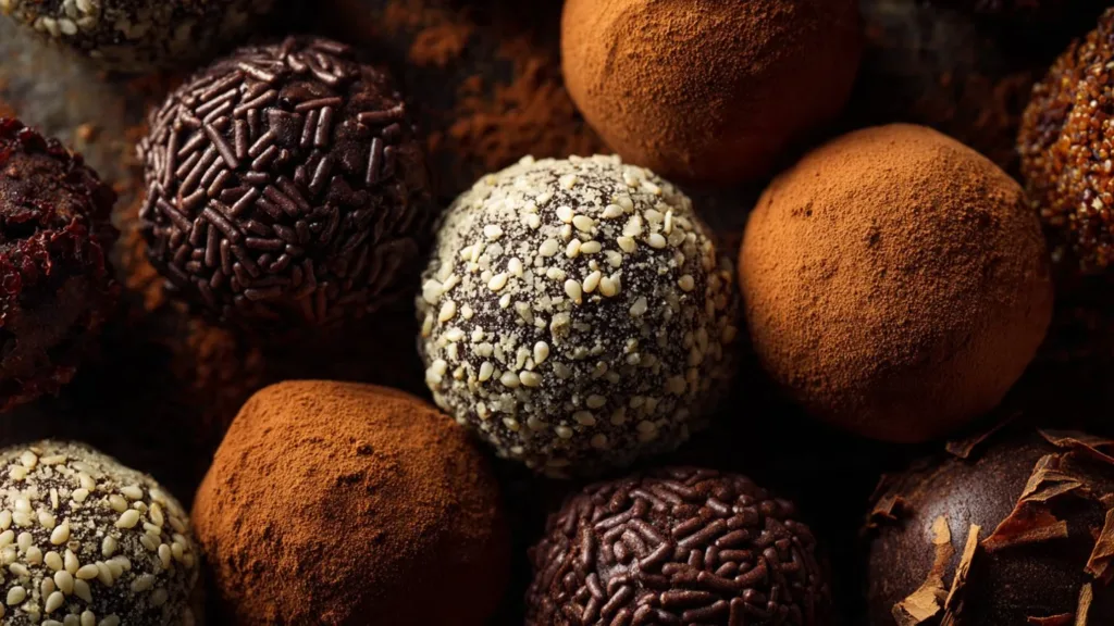 Delicious vegan chocolate truffles on a plate garnished with cocoa powder