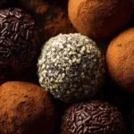Delicious vegan chocolate truffles on a plate garnished with cocoa powder