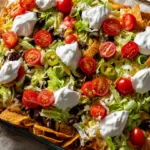 Walking Taco Casserole with toppings served in a dish