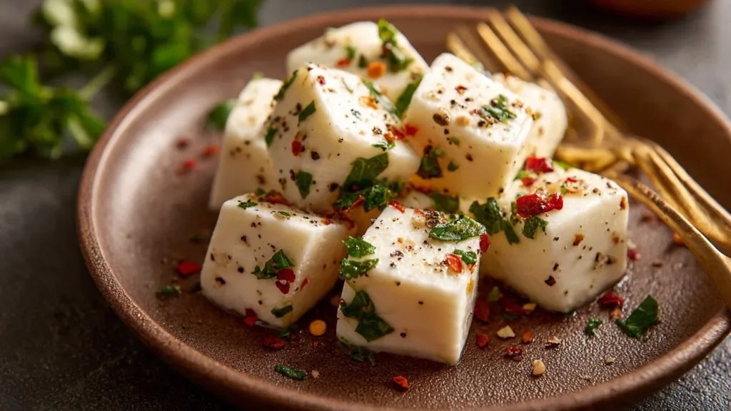 Zesty marinated mozzarella with sun-dried tomatoes in a bowl