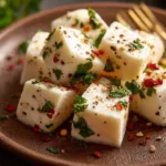 Zesty marinated mozzarella with sun-dried tomatoes in a bowl