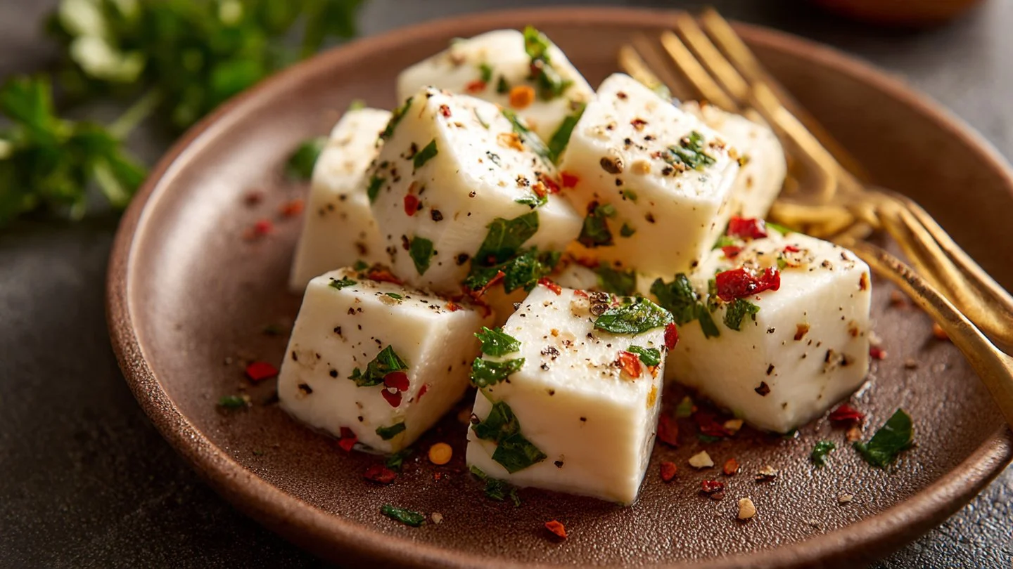 Zesty marinated mozzarella with sun-dried tomatoes in a bowl