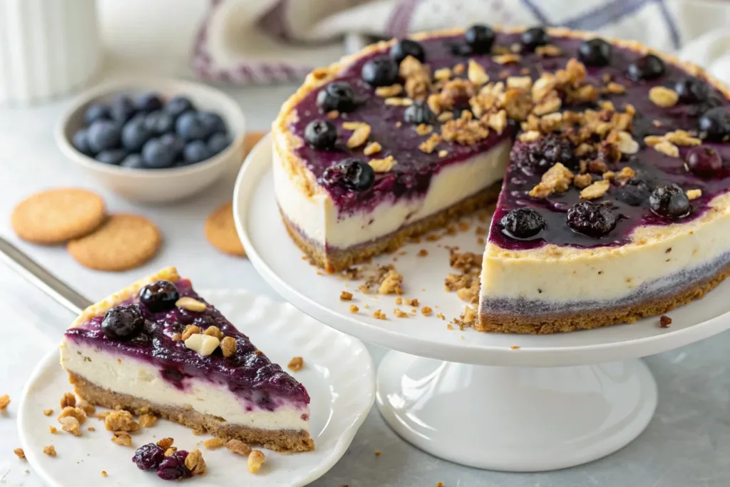 Delicious blueberry lush dessert with layers of cream and fresh blueberries.