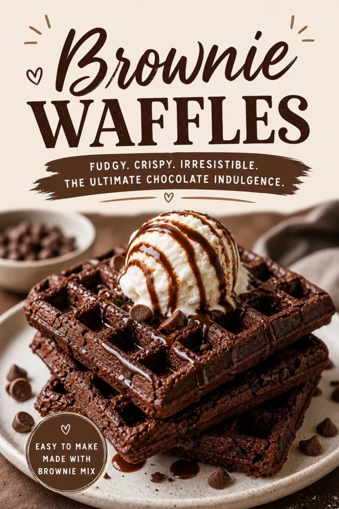Delicious homemade Brownie Waffles topped with chocolate sauce and whipped cream