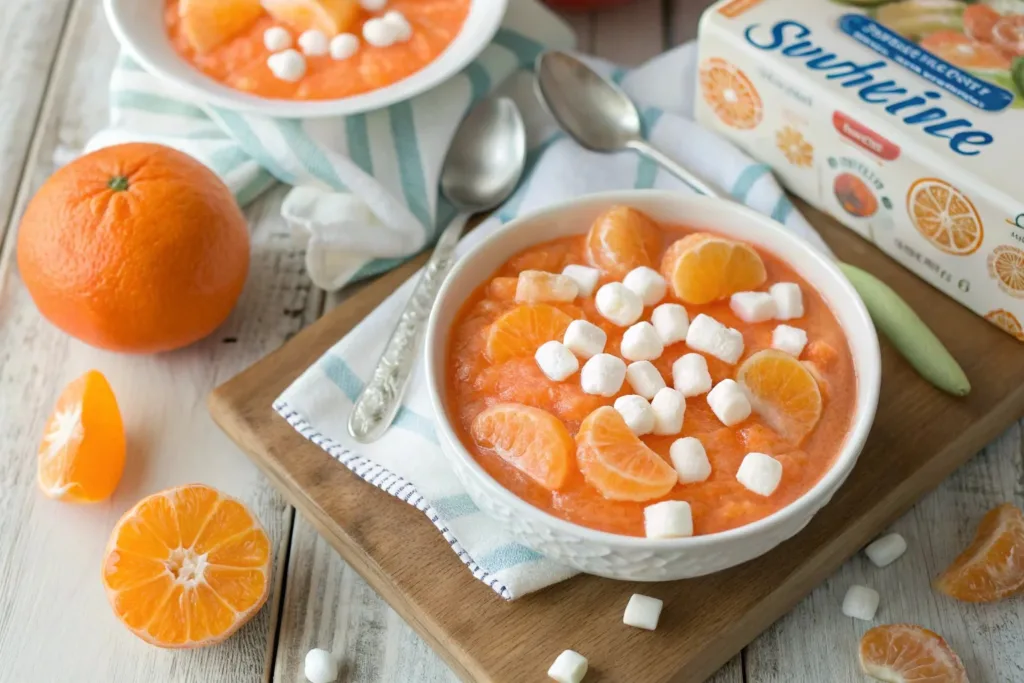 Delicious cottage cheese jello salad served in a bowl with colorful fruit