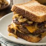 Delicious patty melt sandwich with beef, cheese, and grilled onions on toasted bread.