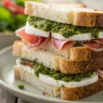 Prosciutto pesto sandwich with tomatoes and fresh ingredients