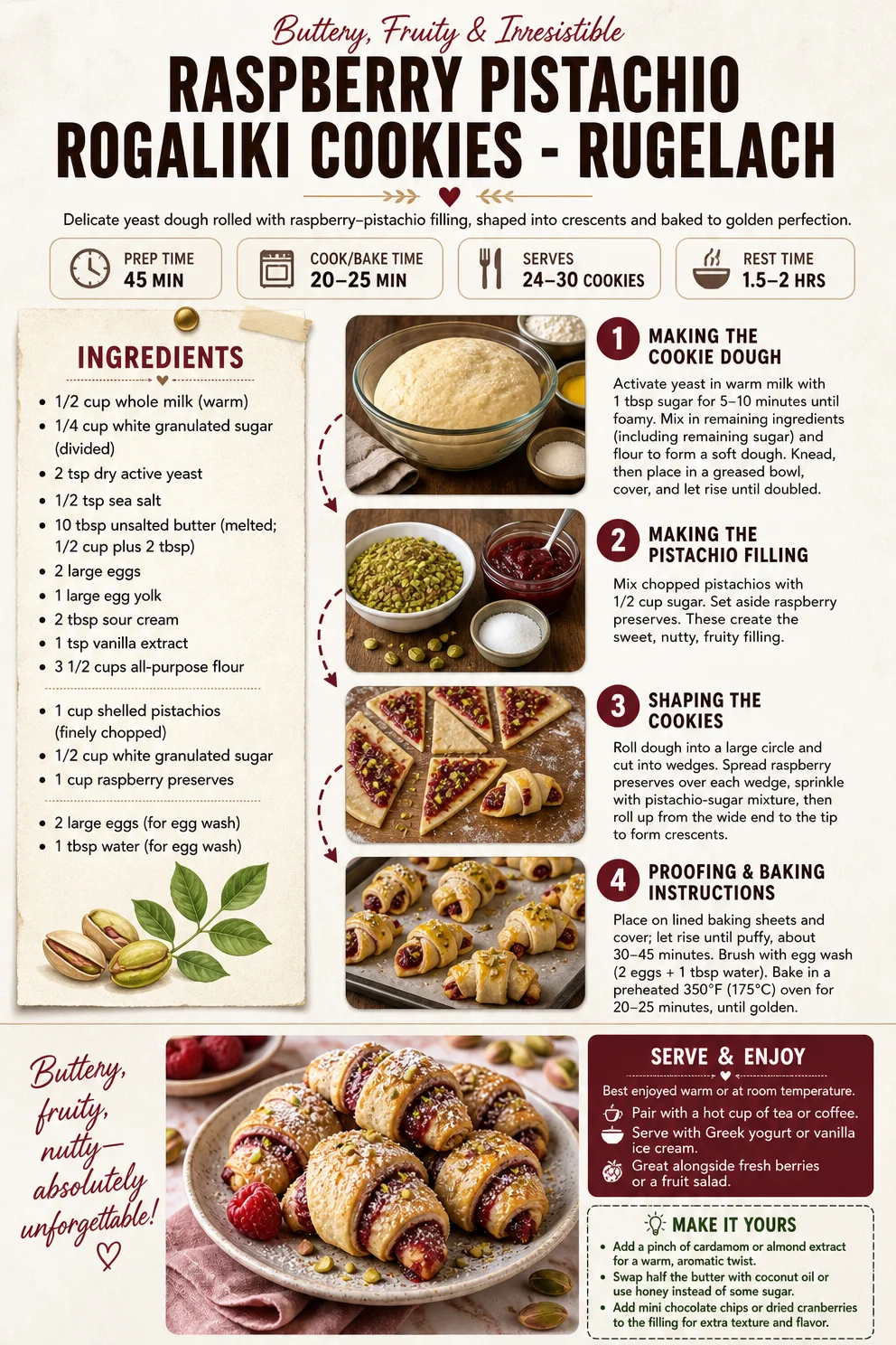 Raspberry Pistachio Rogaliki Cookies - Rugelach