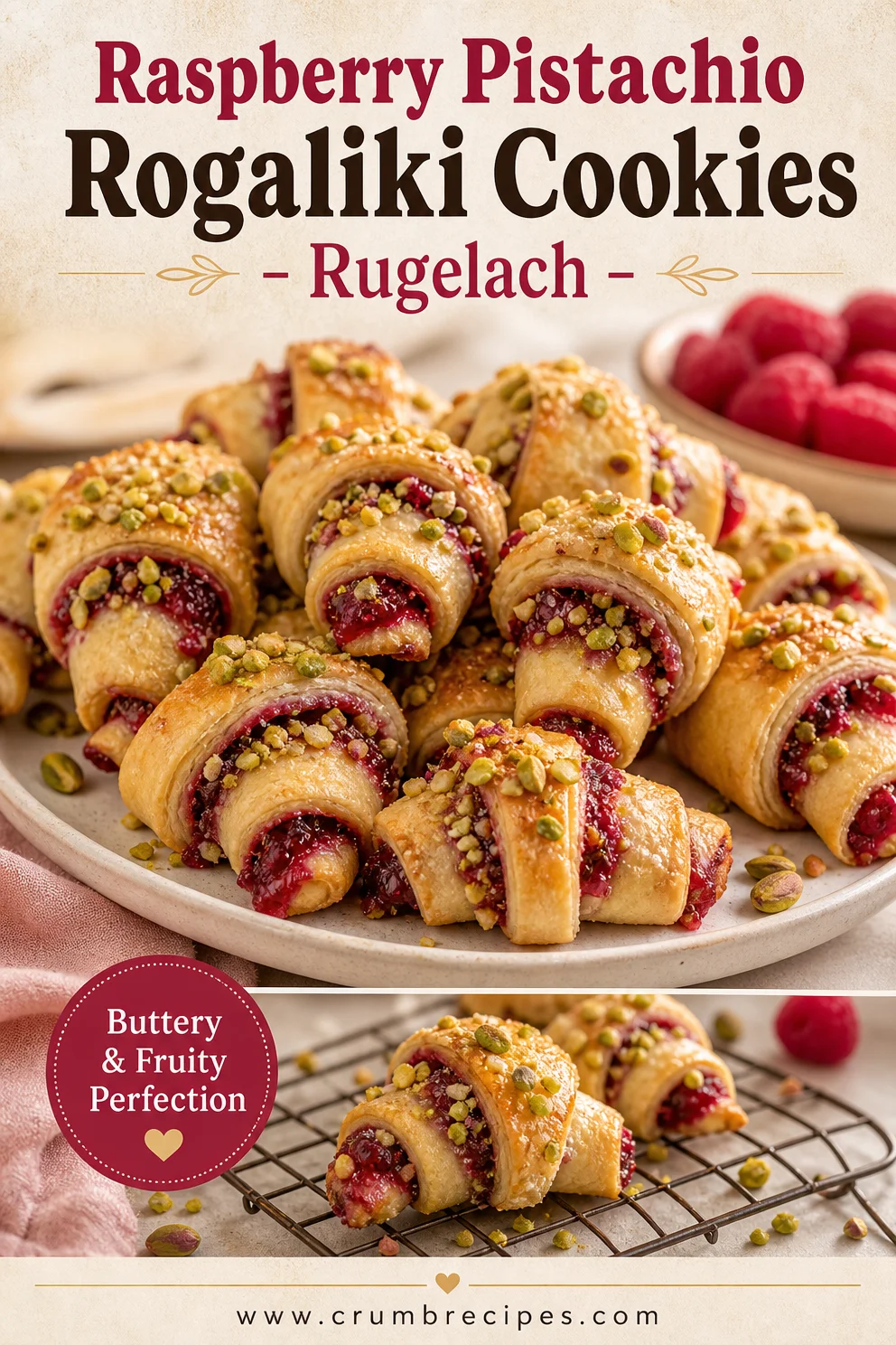 Raspberry Pistachio Rogaliki Cookies - Rugelach