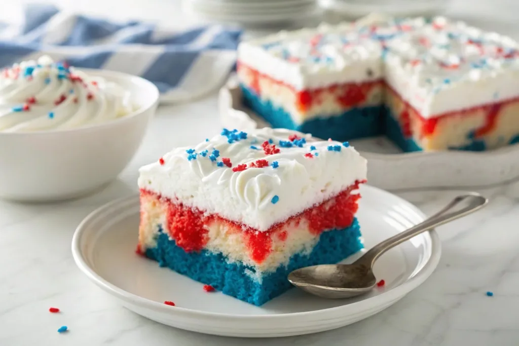 Red White and Blue Patriotic Poke Cake Recipe patriotic poke cake Red White and Blue Patriotic Poke Cake Recipe