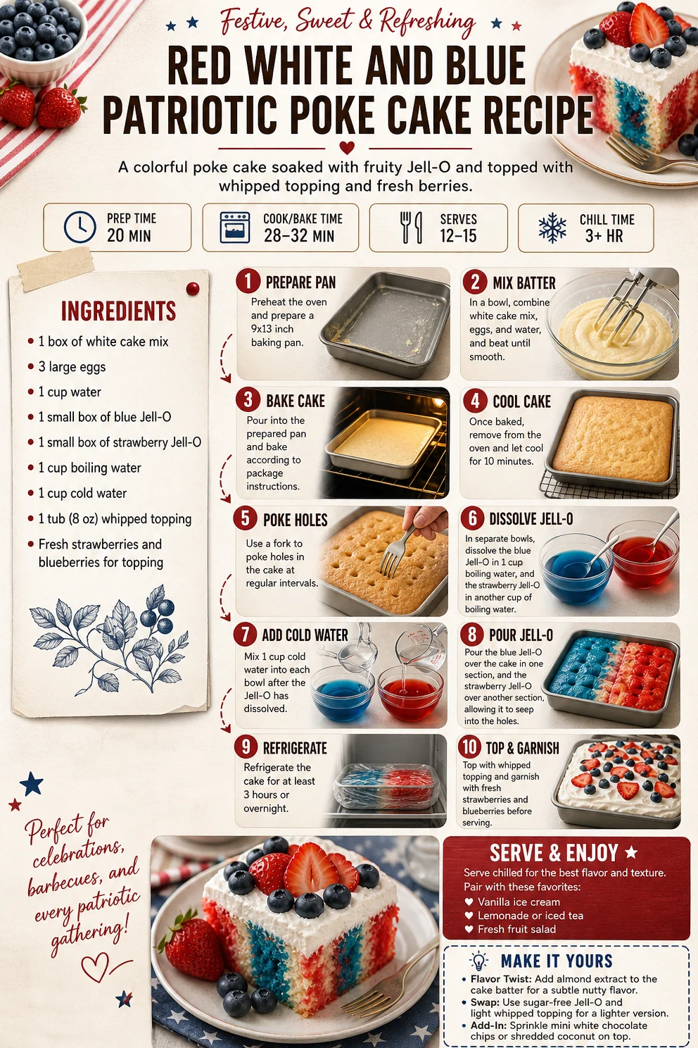 Red White and Blue Patriotic Poke Cake Recipe patriotic poke cake Red White and Blue Patriotic Poke Cake Recipe